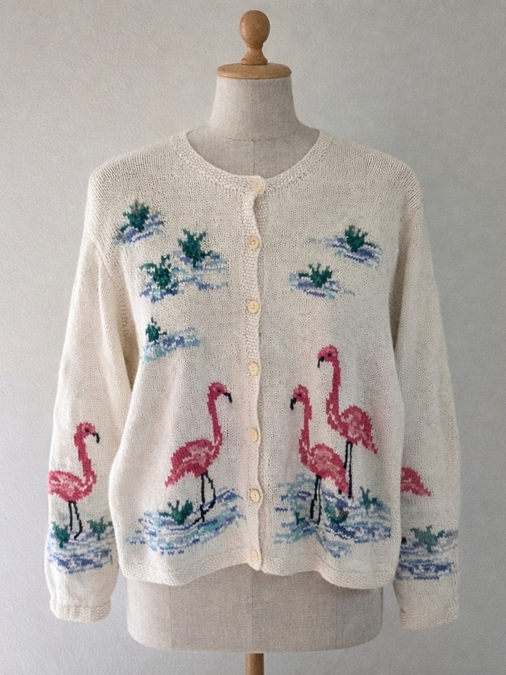 Vintage Hand Knit Flamingo Cardigan Sweater Linen Cotton Coastal Grandma BeachyL